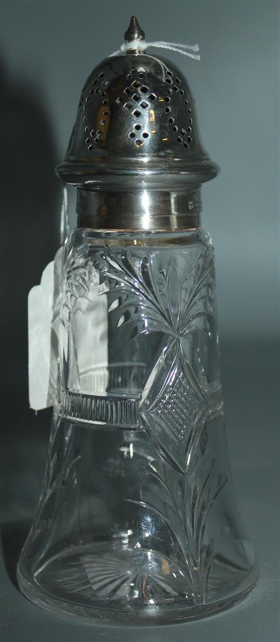 Silver mounted cut glass sugar shaker(-)